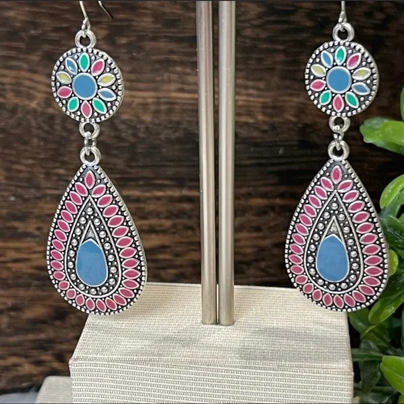 Boho Earrings DOUBLE DROP silver DANGLING TEAR SHAPE multi color Southwest Shine - Picture 5 of 7